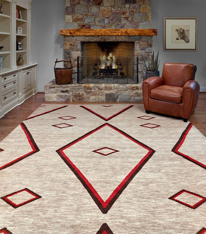 geometric pattern area rug in rustic living room