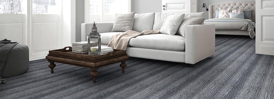 blue gray patterned area rug in white living room with pocket doors to bedroom